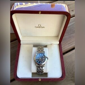 Mens OMEGA SEAMASTER stainless steel watch with authentic mahogany box